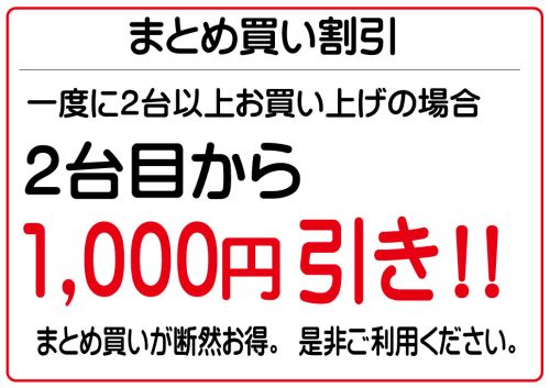 一度に2代以上お買い上げの場合、2代目から1,000円引き！